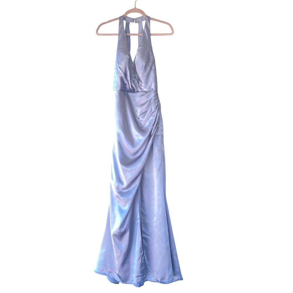GALINA Signature Dusty Blue Satin Halter Formal PROM Dress Sz 4 MERMAID